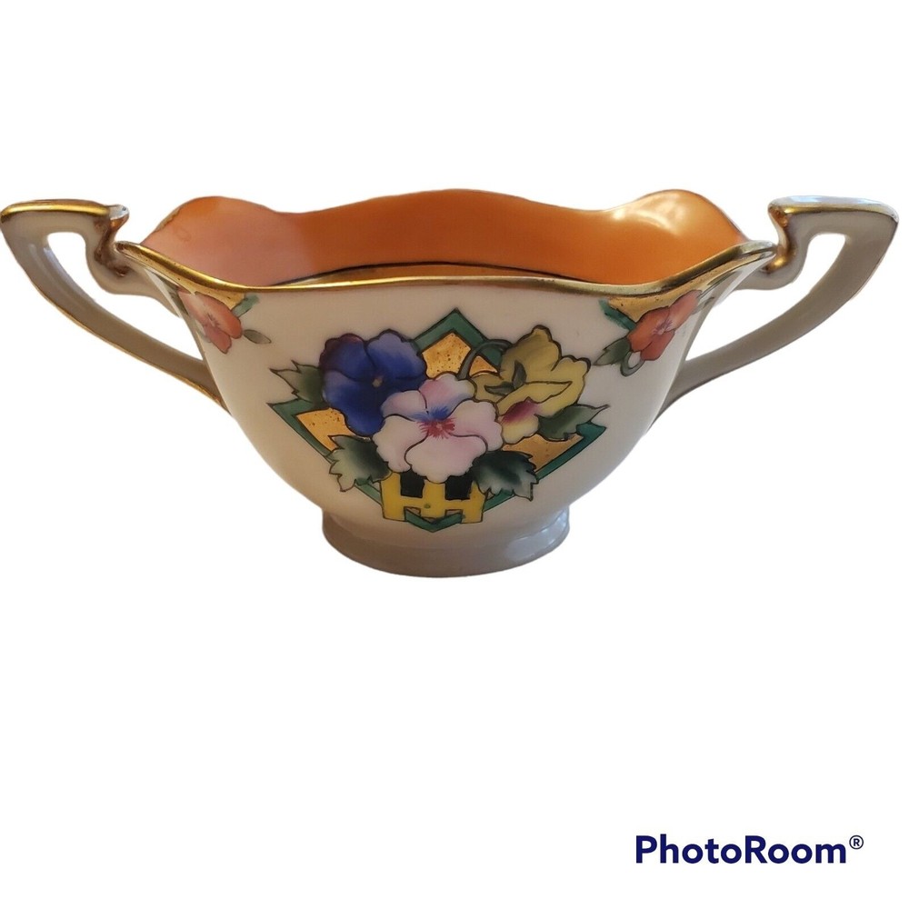 Vintage Nortake Open Sugar Bowl Floral Hand Painted Gold Handles Japan
